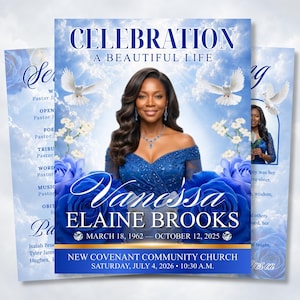 May include: A funeral programme template featuring a blue sky background with white clouds, two white doves, and blue roses. The text reads CELEBRATION A BEAUTIFUL LIFE, Vanessa ELAINE BROOKS, MARCH 18, 1962 - OCTOBER 12, 2025, and NEW COVENANT COMMUNITY CHURCH.