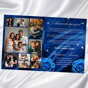 K&ouml;nnte beinhalten: Ein Gedenkprogramm mit dunkelblauem Hintergrund und einer Collage von Familienfotos. Der Text enth&auml;lt "Danksagung" und "Gedenkfeier", zusammen mit Servicedetails und Kontaktinformationen. Zwei blaue Rosenillustrationen.