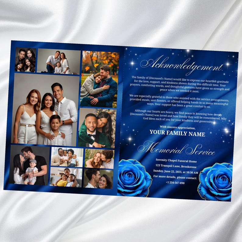 K&ouml;nnte beinhalten: Ein Gedenkprogramm mit dunkelblauem Hintergrund und einer Collage von Familienfotos. Der Text enth&auml;lt "Danksagung" und "Gedenkfeier", zusammen mit Servicedetails und Kontaktinformationen. Zwei blaue Rosenillustrationen.