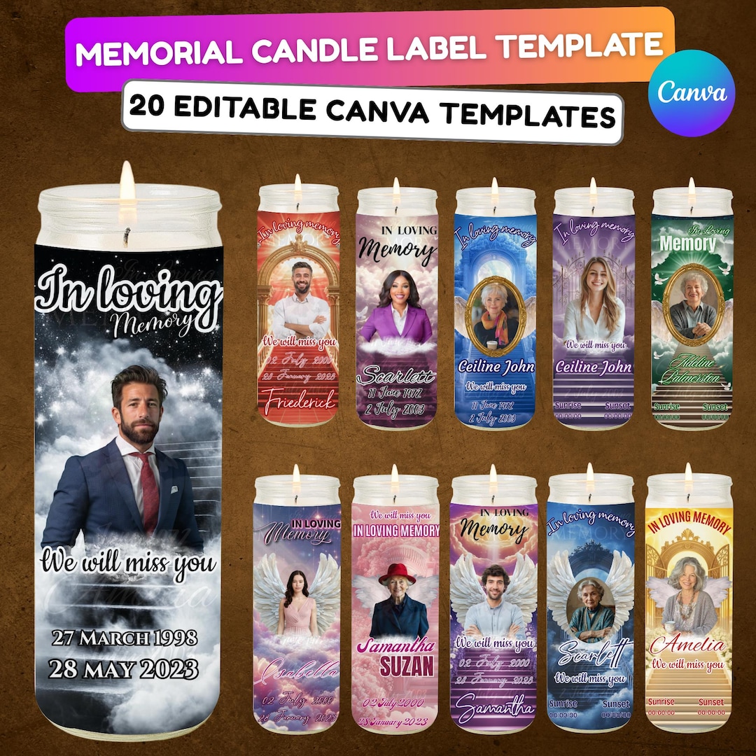 20 Memorial Candle Light Label Canva Editable Template, Stairway to ...