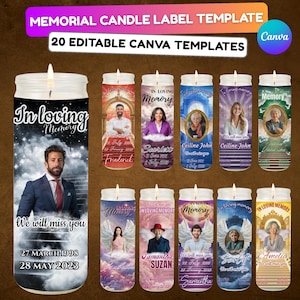 Op de afbeelding: Een verzameling gedenkkaarslabel sjablonen. Elke kaars heeft een foto, naam en data. De labels zijn ontworpen met de woorden "In Loving Memory" en "We will miss you". De afbeelding bevat de tekst "20 Editable Canva Templates".