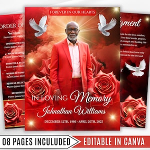 Peut inclure: Un programme commémoratif avec un design rouge et blanc. L'image centrale présente un homme en costume rouge, entouré de roses et de colombes. Le texte comprend "Forever in Our Hearts" et "In Loving Memory Johnathan Williams."