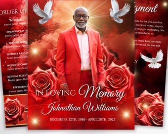 08 Pages Memorial Cloud Red Roses Funeral Program Template, Editable Bifold 8.5x11” Design, Obituary Celebration Of Life, Digital Download