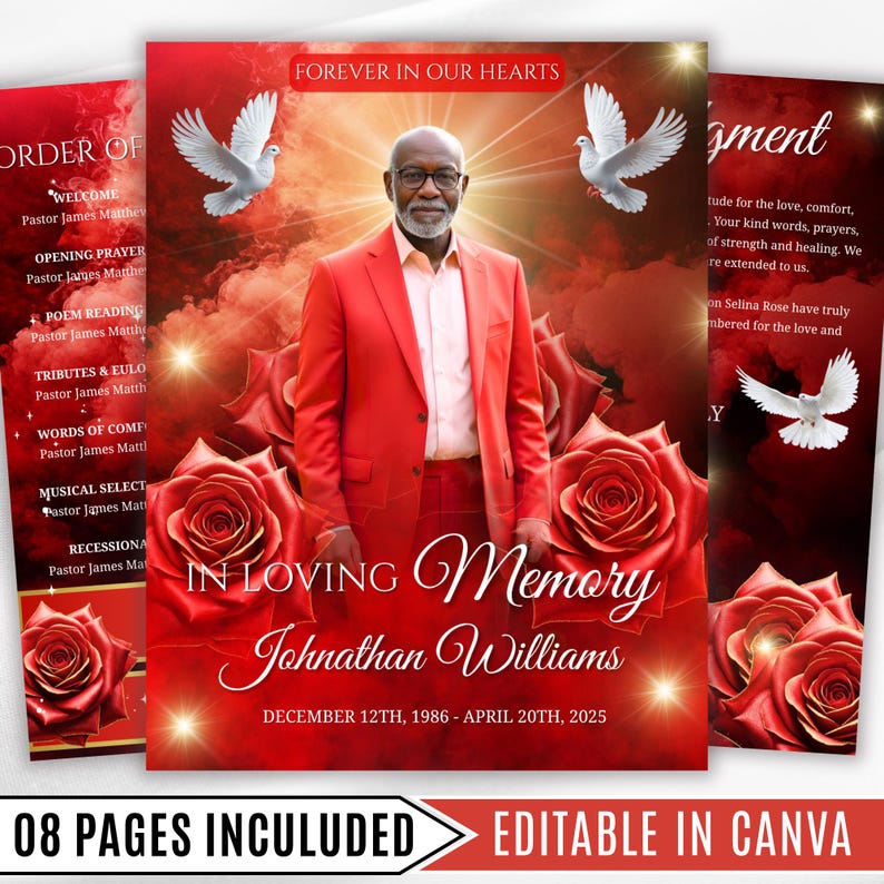 May include: A memorial program with a red and white design. The central image features a man in a red suit, surrounded by roses and doves. Text includes "Forever in Our Hearts" and "In Loving Memory Johnathan Williams."