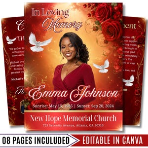 Puede incluir: Una plantilla de programa funerario con el retrato de una persona sonriente con vestido rojo, rodeada de rosas rojas y palomas blancas sobre un cielo dorado. El texto incluye In Loving Memory, Emma Johnson, fechas y New Hope Memorial Church.