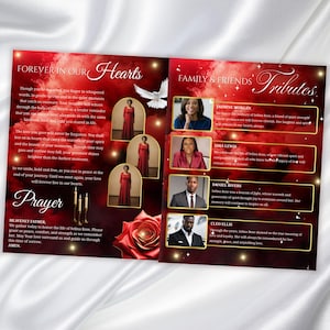 May include: A memorial program with a red and black gradient background. The left side features text and images of a woman in a red dress. The right side includes photos and tributes to Selina Rose.