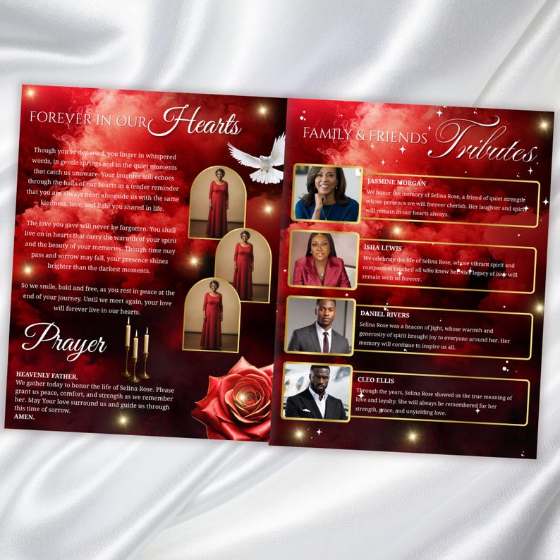May include: A memorial program with a red and black gradient background. The left side features text and images of a woman in a red dress. The right side includes photos and tributes to Selina Rose.