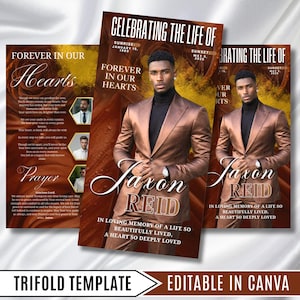 Può includere: Un modello di programma funebre a tre ante con il ritratto di una persona in abito color bronzo e dolcevita nero. Il testo include CELEBRATING THE LIFE OF, FOREVER IN OUR HEARTS, JAXON REID e le date in un tema color marrone.