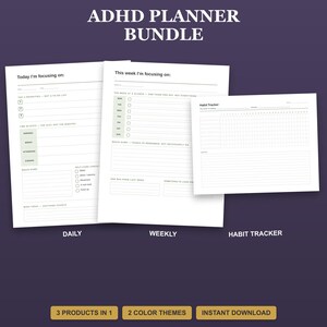 Pacchetto di agende stampabili per ADHD / Set PDF per la pianificazione giornaliera, settimanale e il monitoraggio delle abitudini / Senza data, download immediato immagine 1