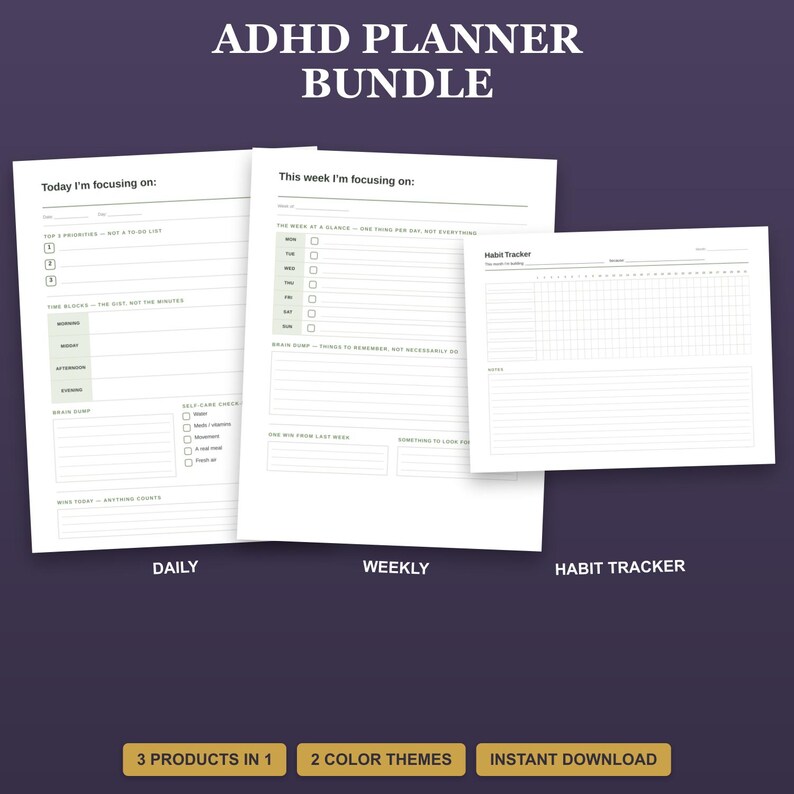 Pacchetto di agende stampabili per ADHD / Set PDF per la pianificazione giornaliera, settimanale e il monitoraggio delle abitudini / Senza data, download immediato immagine 1