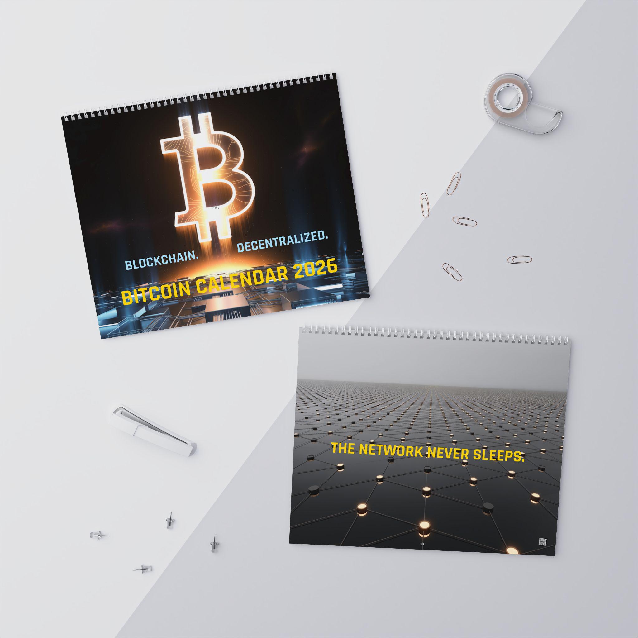 ビットコインカレンダー2026、青と銀のサイバーエネルギー壁掛けカレンダー、未来的なブロックチェーンと暗号デザイン