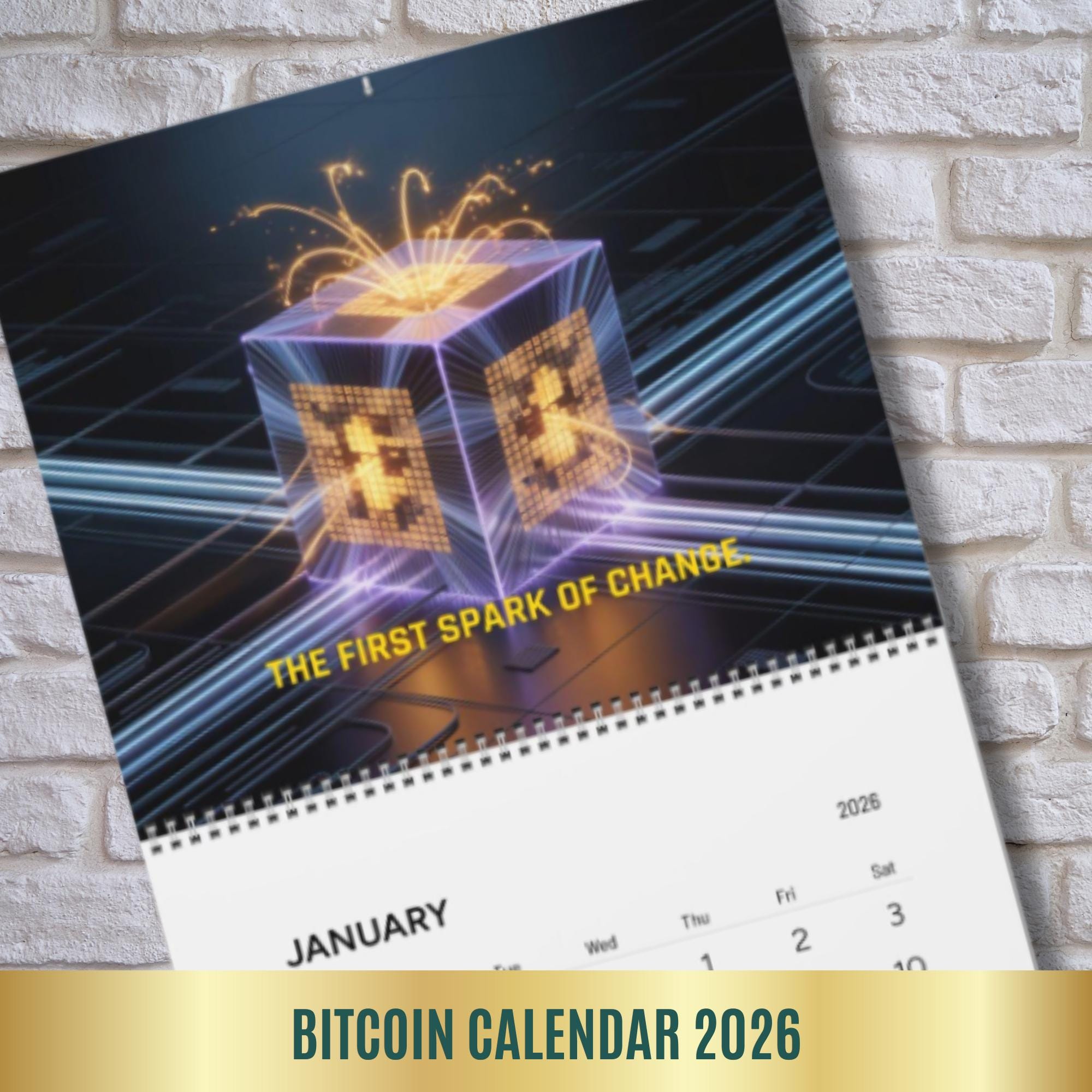 ビットコインカレンダー2026、青と銀のサイバーエネルギー壁掛けカレンダー、未来的なブロックチェーンと暗号デザイン