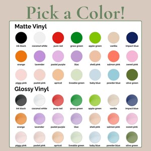Puede incluir: Una carta de colores con el texto "&iexcl;Elige un color!" muestra una variedad de colores de vinilo mate y brillante. La carta incluye tonos como negro tinta, blanco coco, rojo puro, verde hierba y verde manzana, entre otros. Los colores est&aacute;n dispuestos en formato de cuadr&iacute;cula.
