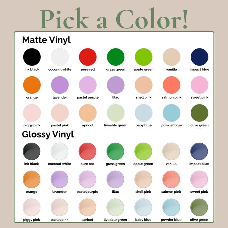 Puede incluir: Una carta de colores con el texto "&iexcl;Elige un color!" muestra una variedad de colores de vinilo mate y brillante. La carta incluye tonos como negro tinta, blanco coco, rojo puro, verde hierba y verde manzana, entre otros. Los colores est&aacute;n dispuestos en formato de cuadr&iacute;cula.
