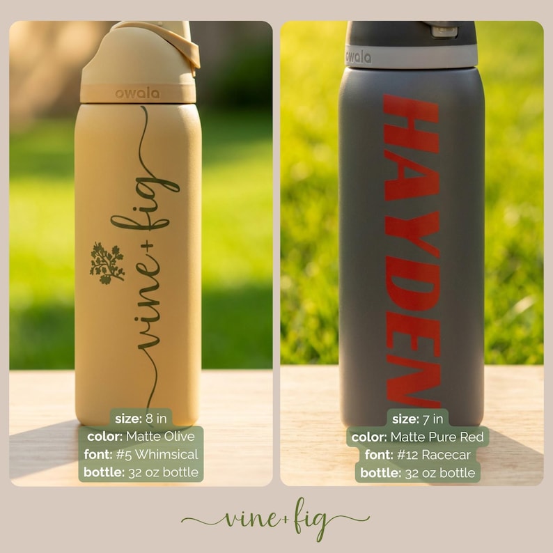 Puede incluir: Dos botellas de agua Owala, una oliva mate, la otra rojo puro mate. La botella oliva mide 20 cm de alto y presenta el texto "vine + fig". La botella roja mide 18 cm de alto y tiene el nombre "HAYDEN" en rojo.