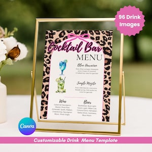 May include: A gold-framed cocktail bar menu with a leopard print background. The menu features drink options like Blue Hawaiian and Jungle Mojito, along with wine and beer selections. The menu is labeled "Customizable Drink Menu Template."
