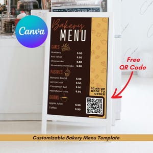 Editable Bakery Menu Sign: Personalized Pastries Menu with QR Code Canva Template (Instant Download)