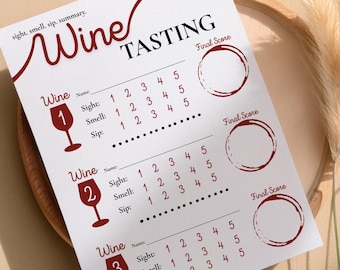 Plantilla de tarjeta de puntuación de cata de vinos: Elegante juego para fiestas de vinos (Canva editable, descarga digital)