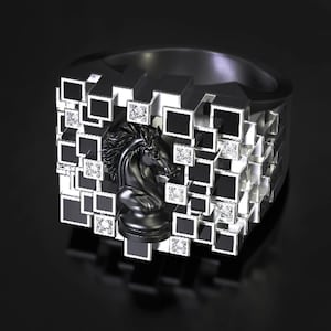 Chess Knight Ring: Gothic Sterling Silver Animal Chessboard Ring