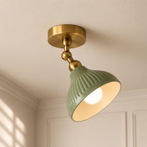 Mid Century Modern Brass Semi Flush Mount Ceiling Light, Ribbed Shade Fixture