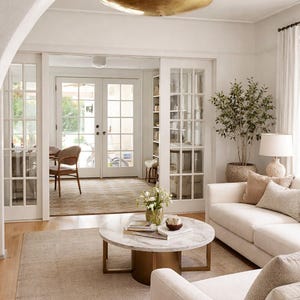 K&ouml;nnte beinhalten: Helles, luftiges Wohnzimmer mit neutraler Farbpalette. Es verf&uuml;gt &uuml;ber ein wei&szlig;es Sofa mit Zierkissen, einen Couchtisch mit Marmorplatte und eine gro&szlig;e goldene Pendelleuchte. Eine Topfpflanze und ein Teppich sorgen f&uuml;r Textur.