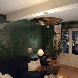 K&ouml;nnte beinhalten: Ein modernes Wohnzimmer mit einem dunkelblauen Sofa, wei&szlig;en Kissen und einer gro&szlig;en, reflektierenden goldfarbenen Deckenleuchte. Die W&auml;nde sind mit dunkelgr&uuml;nen Fliesen bedeckt. Eine Topfpflanze und ein kleiner Hund sind ebenfalls zu sehen.