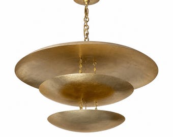 Mid Century Modern Messing Kronleuchter, 3-Tier Disc Pendelleuchte, Stilnovo Style Deckenleuchte