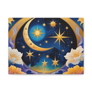 Himmlische Leinwand Kunst, Sternennacht Wanddekor, Mond und Sterne Dekor, Nachthimmel Kunstwerk, Blumen Leinwand Druck, Astrologie Wandkunst