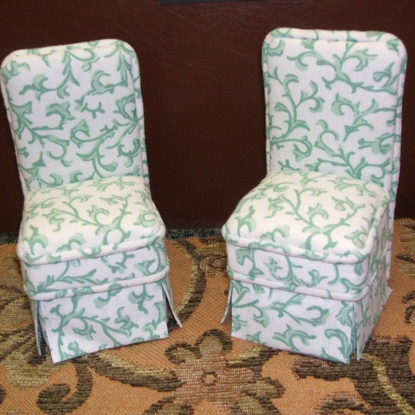 Handcrafted Barbie  11-1/2" Fashion Doll DINNINGROOM CHAIRS  Hand upholstered & constructed Dinning Chairs TWO Chairs Green/ White Free Ship