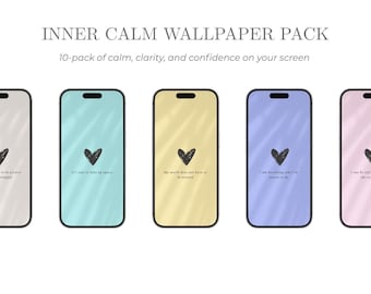 Puede incluir: Cinco fondos de pantalla para teléfonos inteligentes con fondos pastel en blanco, verde azulado, amarillo, morado y rosa. Cada uno presenta un corazón negro y una cita motivacional. El texto en la parte superior dice "INNER CALM WALLPAPER PACK".