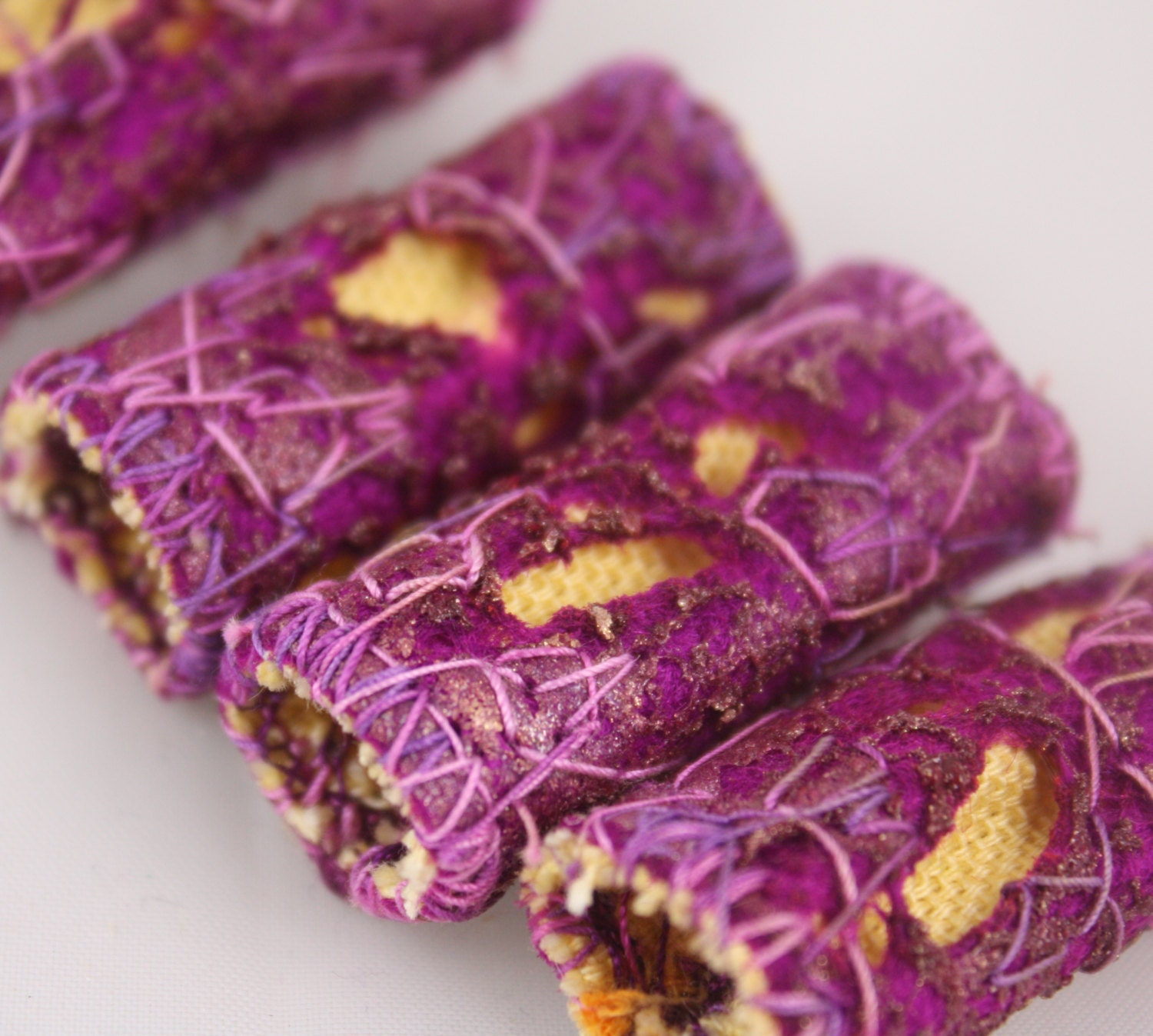 Bright Fuchsia magenta purple yellow Fabric Fiber Bead Dreadlock bead steampunk beads fiber art yarn embellishment drop spindle knitting