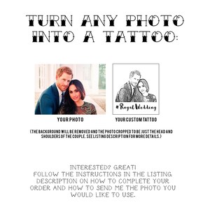 Op de afbeelding: Een digitale illustratie van een foto van een stel dat is omgezet in een tatoeageontwerp. De achtergrond is verwijderd en de foto is bijgesneden zodat alleen de hoofden en schouders van het stel zichtbaar zijn. De tekst "#Royal Wedding" is in de afbeelding opgenomen.