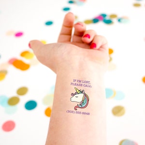 Emergency Tattoo, Safety Tattoo, Kids Tattoo, Unicorn Tattoo, If lost tattoo, Contact Information Tattoo, Custom Tattoo, Temporary Tattoo