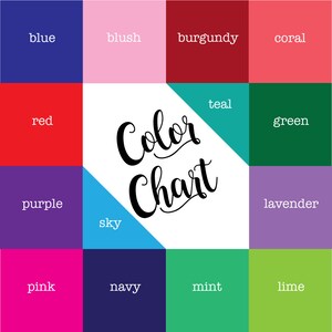 Pu&ograve; includere: Una tabella dei colori con una griglia di dodici quadrati colorati che circondano un'area centrale bianca con il testo nero Color Chart. I colori includono blu, blush, bordeaux, corallo, rosso, ottanio, verde, viola, cielo, lavanda, rosa, blu navy, menta e lime.