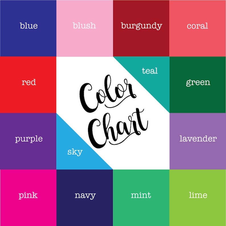 Pu&ograve; includere: Una tabella dei colori con una griglia di dodici quadrati colorati che circondano un'area centrale bianca con il testo nero Color Chart. I colori includono blu, blush, bordeaux, corallo, rosso, ottanio, verde, viola, cielo, lavanda, rosa, blu navy, menta e lime.