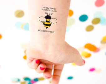 Bumble Bee Emergency Tattoo, Safety Tattoo, Kids Tattoo, If lost tattoo, Contact Information Tattoo, Custom Tattoo, Temporary Tattoo