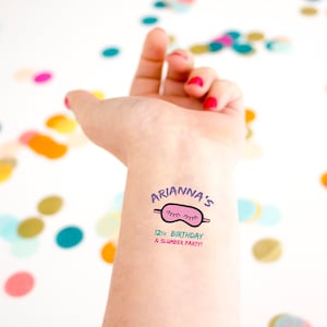 Slumber Party Birthday Tattoo, Kids Birthday, Temporary Tattoo, Custom Tattoo, Sleepover Birthday Party, Party Favor, Sleeping mask, girly image 1