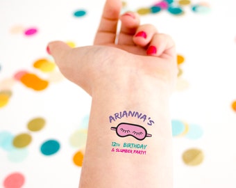 Slumber Party Birthday Tattoo, Kids Birthday, Temporary Tattoo, Custom Tattoo, Sleepover Birthday Party, Party Favor, Sleeping mask, girly