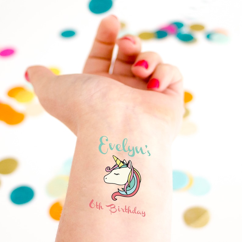 Unicorn Birthday Tattoo, Kids Birthday, Temporary Tattoo, Custom Tattoo, Princess Birthday Party, Party Favor, Unicorn Party, Rainbow, Girl image 1