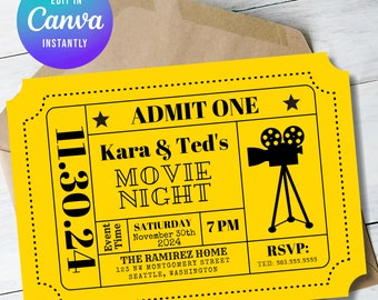 Movie Night Invitation Template Admission Ticket Ticket Invitation Ticket Stub  Editable Digital Customizable Template INSTANT DOWNLOAD