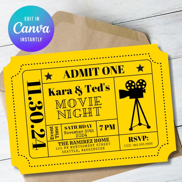 Movie Night Invitation Template Admission Ticket Ticket Invitation Ticket Stub  Editable Digital Customizable Template INSTANT DOWNLOAD