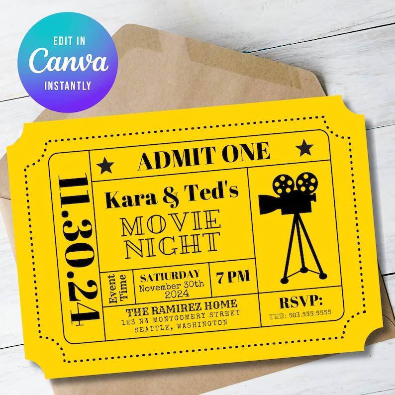 Movie Night Invitation Template Admission Ticket Ticket Invitation Ticket Stub Editable Digital Customizable Template INSTANT DOWNLOAD image 1