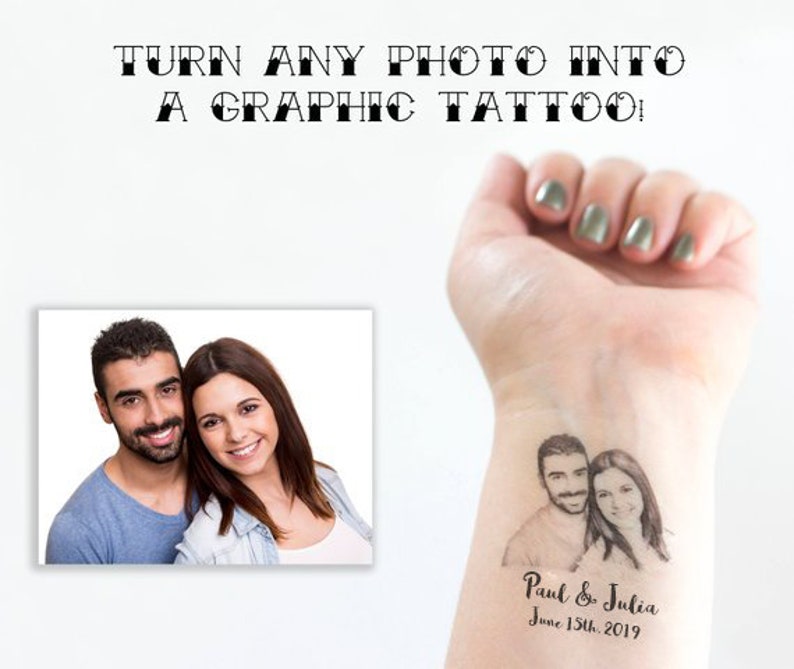 Photo Temporary Tattoo, Wedding Tattoo, Wedding Favors, Custom Portrait, Head Tattoo, Face Tattoo, Couple Tattoo, Bride Tattoo, Groom Tattoo image 1