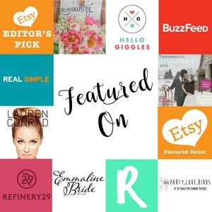 Op de afbeelding: Een collage van logo's van verschillende publicaties en websites, waaronder Etsy, BuzzFeed, Real Simple, Refinery29 en Emmaline Bride. De tekst "Featured On" is in grote, zwarte cursieve letters in het midden van de afbeelding geschreven.