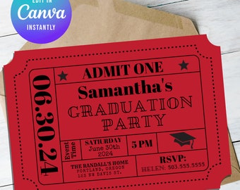 Graduation Party Invitation Admission Ticket Ticket Stub Editable Digital Customizable Template INSTANT DOWNLOAD