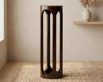 Dark Mango Wood Side Table for Living Room | Modern Sculptural Pedestal Stand | Scandinavian Accent Table | Zen Furniture by Trewwoo