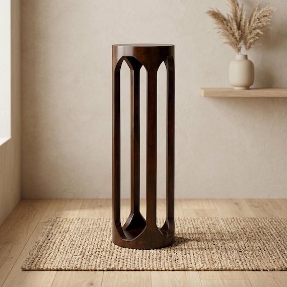 Dark Mango Wood Side Table for Living Room | Modern Sculptural Pedestal Stand | Scandinavian Accent Table | Zen Furniture by Trewwoo