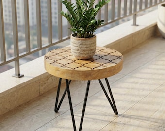 Soporte de madera para plantas con patas de horquilla / Mesa auxiliar de estilo moderno de mediados de siglo / Taburete bohemio para plantas de interior / Mesa auxiliar pequeña de madera
