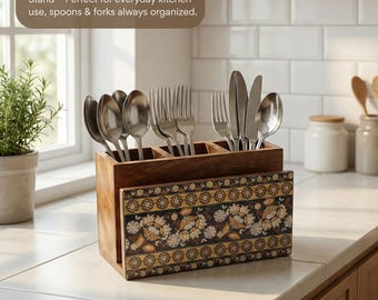Portaposate in fibra di legno con stampa a motivo rustico, organizer da cucina in legno, porta cucchiai e forchette, contenitore da appoggio, idea regalo per la cucina.