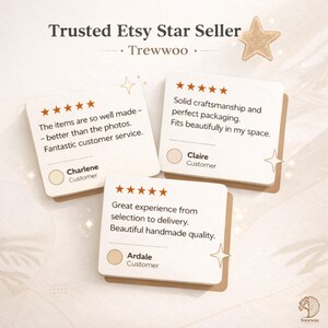 以下が含まれることがあります： Etsyショップの顧客レビューを示す画像です。「Trusted Etsy Star Seller」の文字と、5つ星評価の3つの顧客の声が特徴です。レビューは品質、職人技、顧客サービスを強調しています。